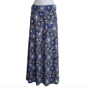 Vanity Women's Medium Geometric Kaleidoscope Maxi Skirt Fold Over Waistband Blue